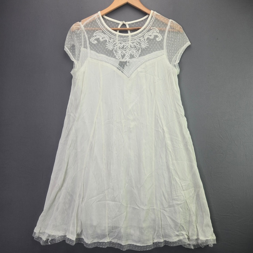 Trixxi Dress White Mesh Embroidered Swiss Dot Shift Size M Mini Boho Sleeveless
